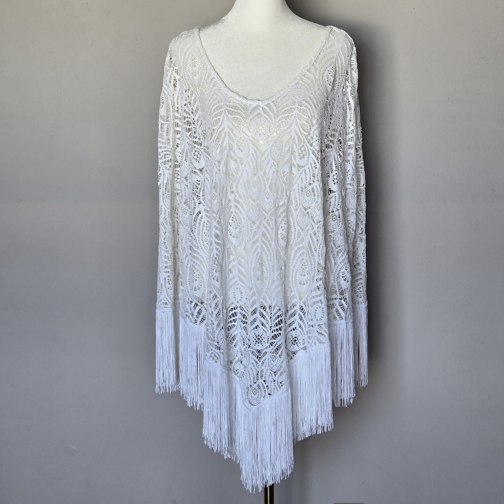 Inca Boho White Lace Fringe Poncho Swim Coverup O/S